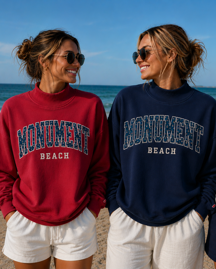 Monument Beach Anchor Applique Mock Neck